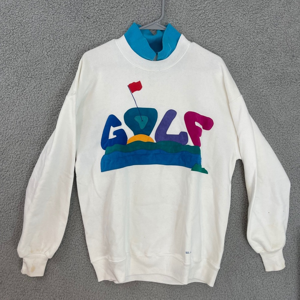Jerzees Golf Graphic‎ Sweater Mens XL White Teal Mock Neck Pullover Made in USA